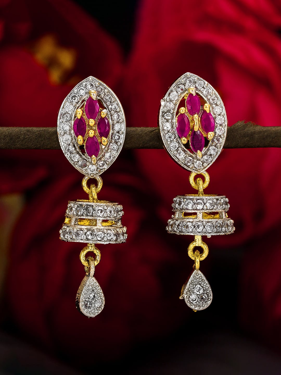 

aadita Gold-Toned & Pink Geometric Jhumkas Earrings