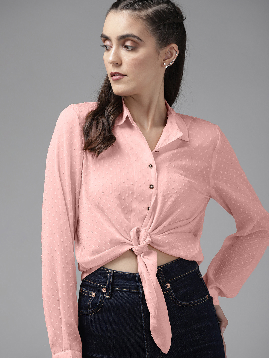 

Roadster Women Peach-Coloured Semi Sheer Dobby Weave Tie-Up Casual Shirt
