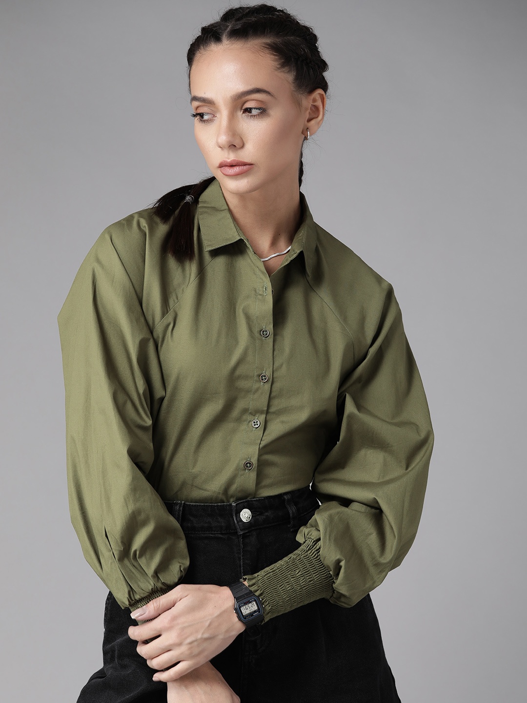 

Roadster Women Olive Green Casual Shirt