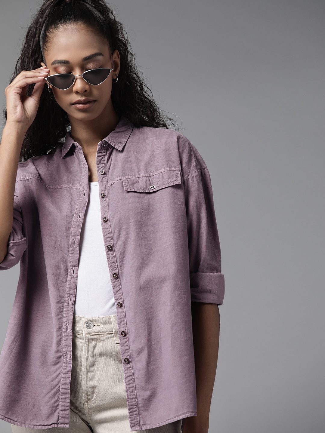 

Roadster Women Mauve Pure Cotton Corduroy Casual Shirt