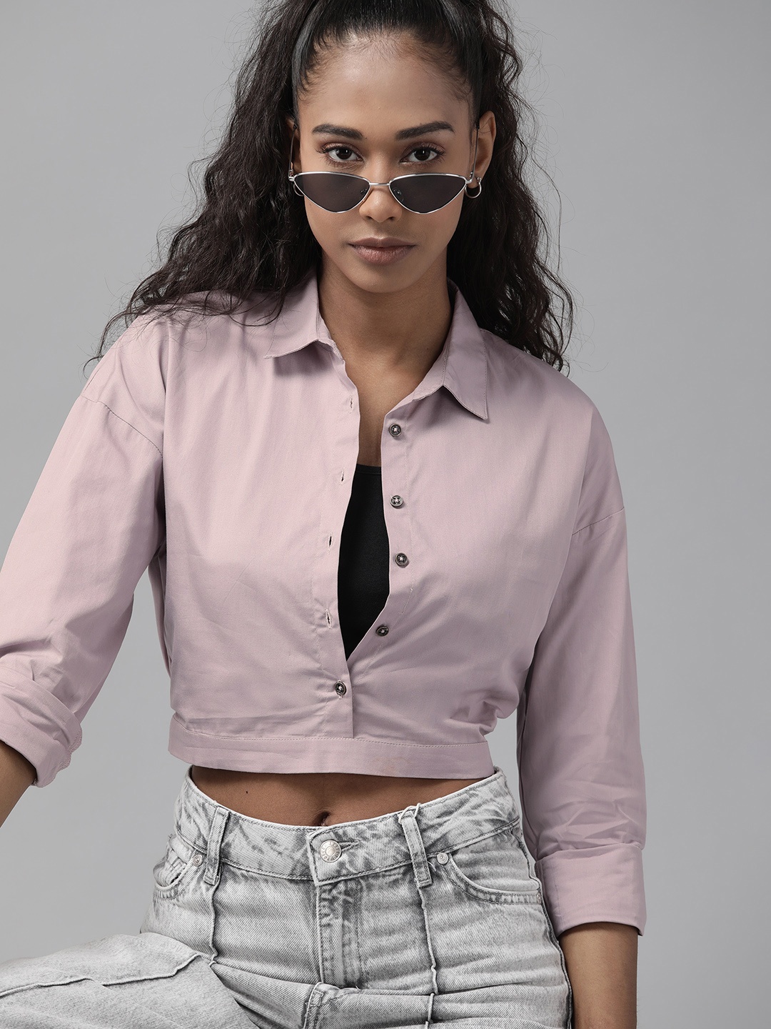 

Roadster Women Mauve Pure Cotton Crop Casual Shirt