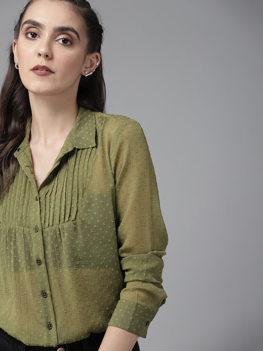 

Roadster Women Olive Green Semi Sheer Dobby Weave Casual Shirt