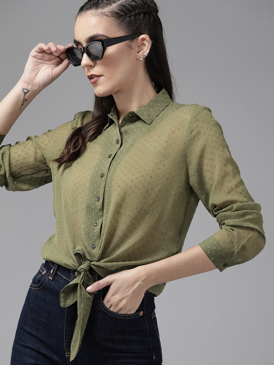 

Roadster Women Olive Green Semi Sheer Dobby Weave Tie-Up Casual Shirt