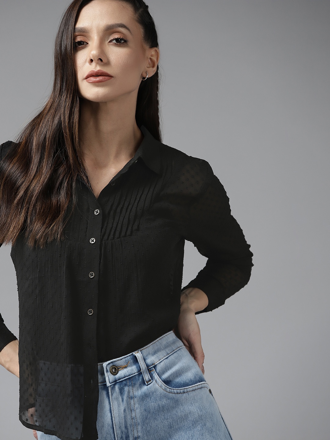 

Roadster Women Black Casual Shirt with Dobby Weave