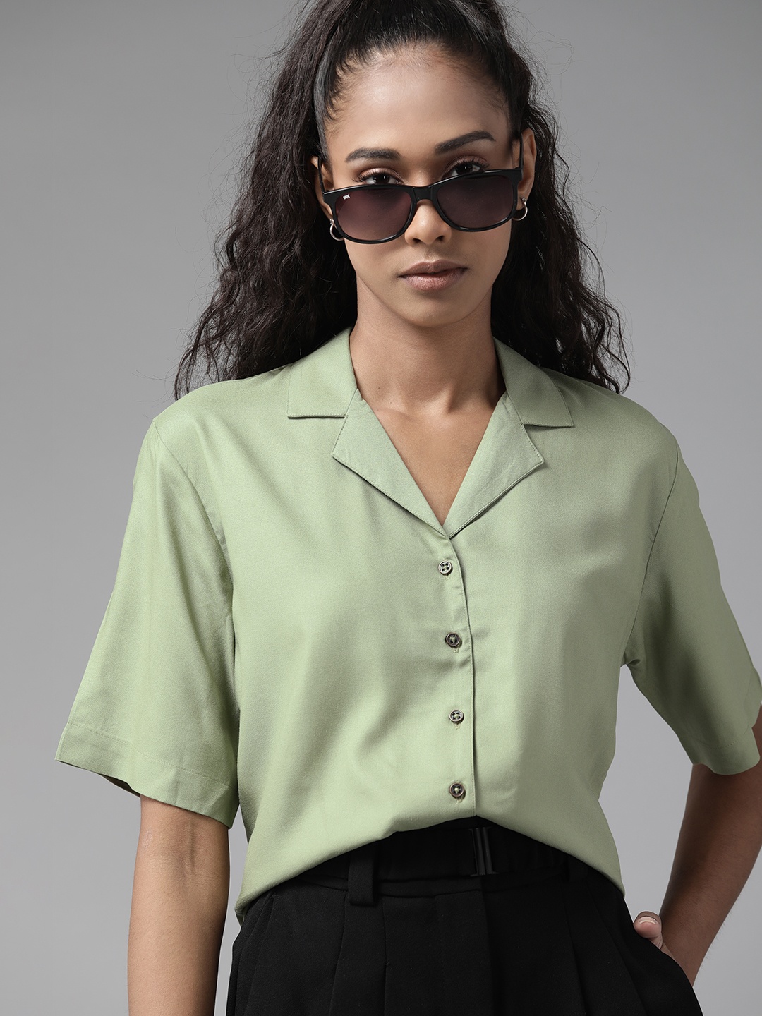 

Roadster Women Green Cuban Collar Casual Shirt, Fluorescent green