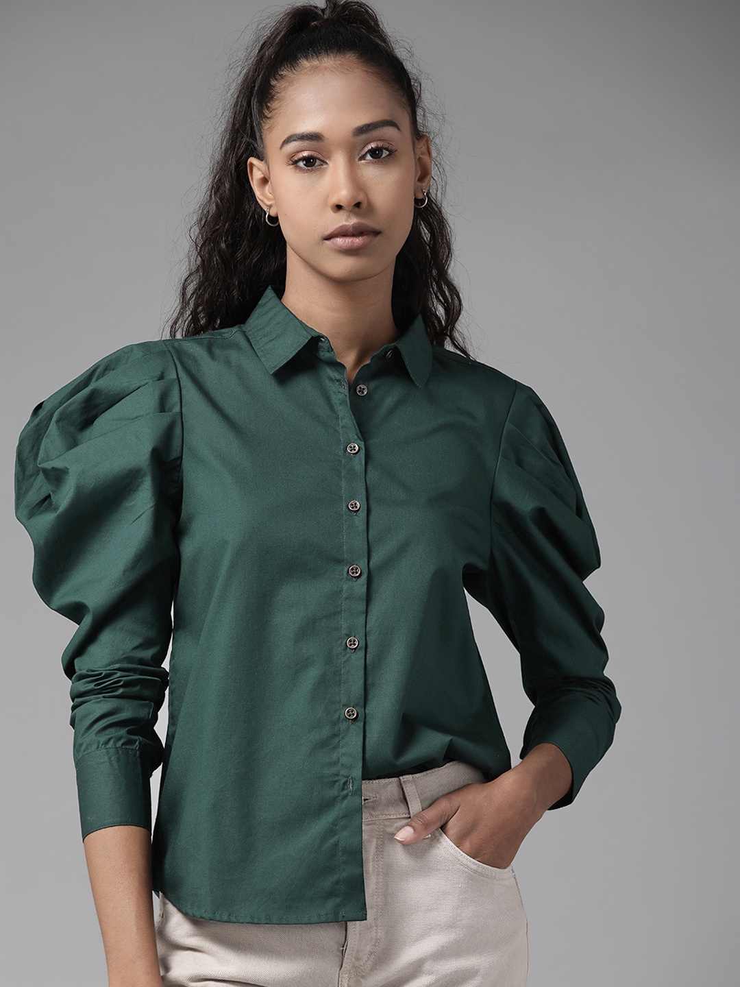 

Roadster Women Green Pure Cotton Puff Sleeve Casual Shirt