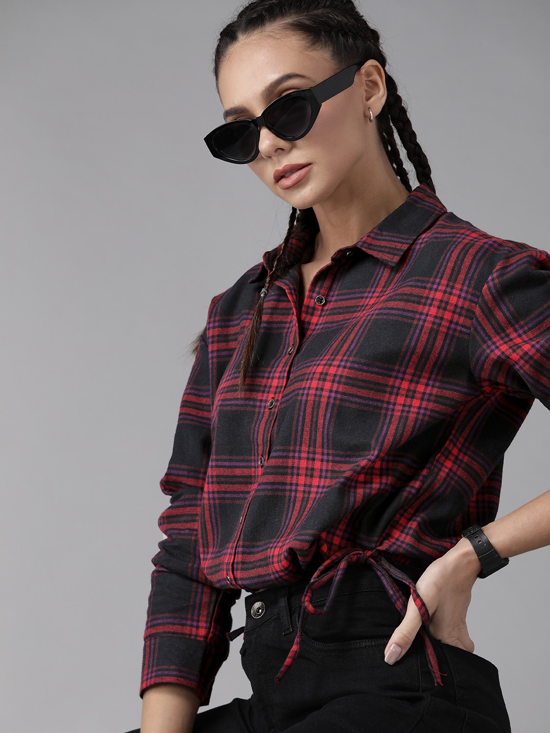 

Roadster Women Black Tartan Checked Pure Cotton Crop Casual Shirt