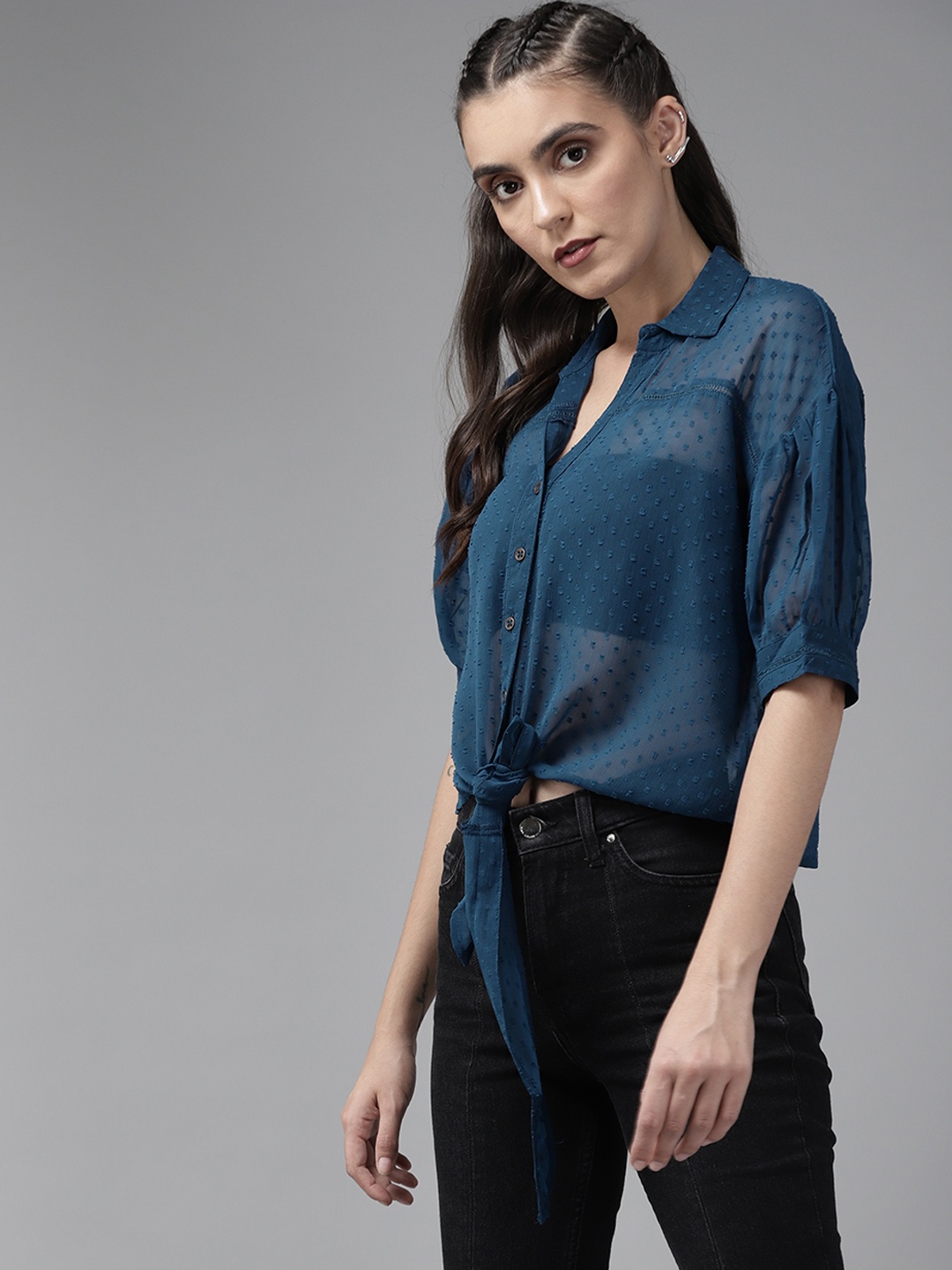

Roadster Women Teal Blue Self Design Dobby Weave Semi Sheer Casual Shirt