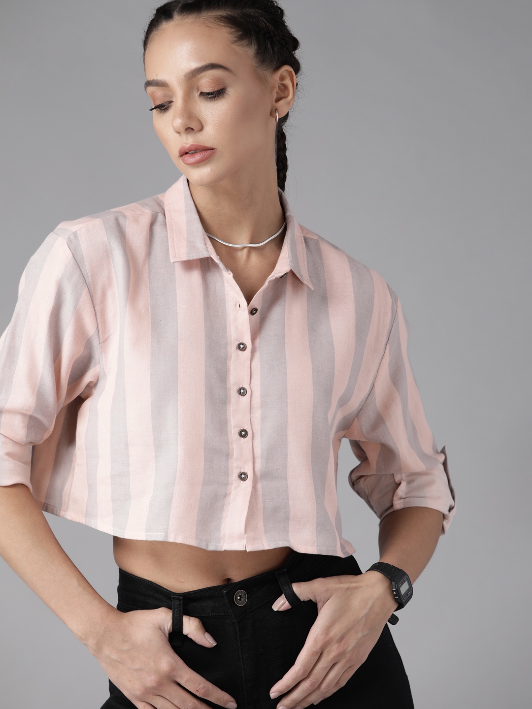 

Roadster Women Dusty Pink & Grey Striped Casual Crop Shirt, Rose