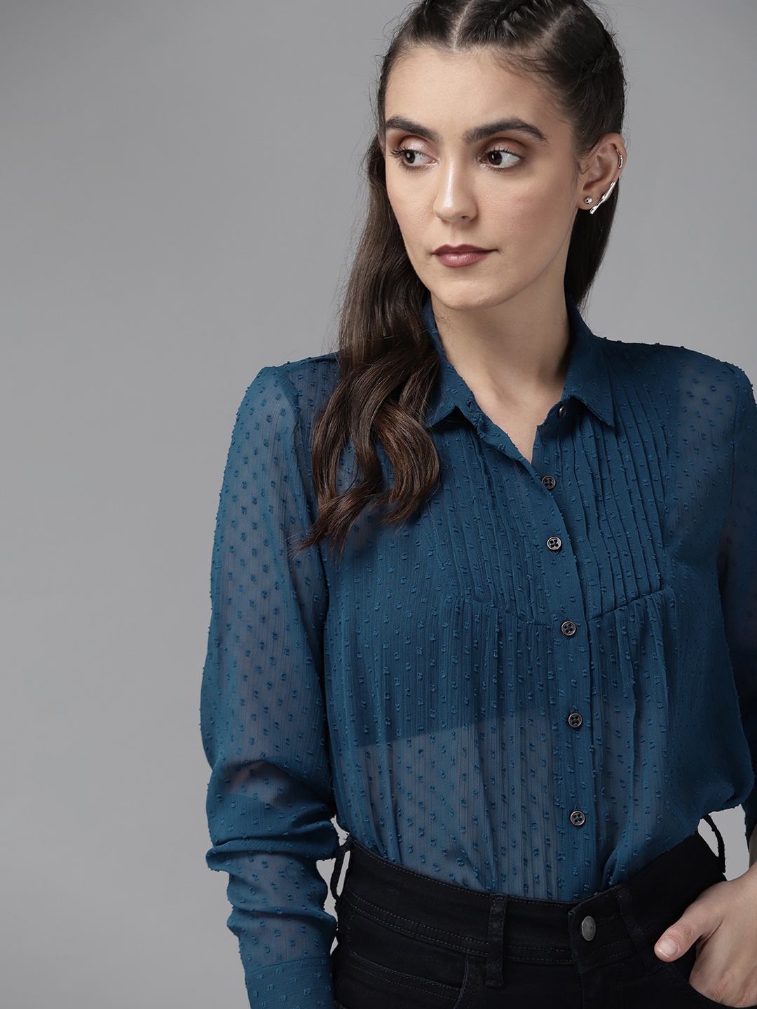 

Roadster Women Teal Blue Self Design Dobby Weave Semi Sheer Casual Shirt
