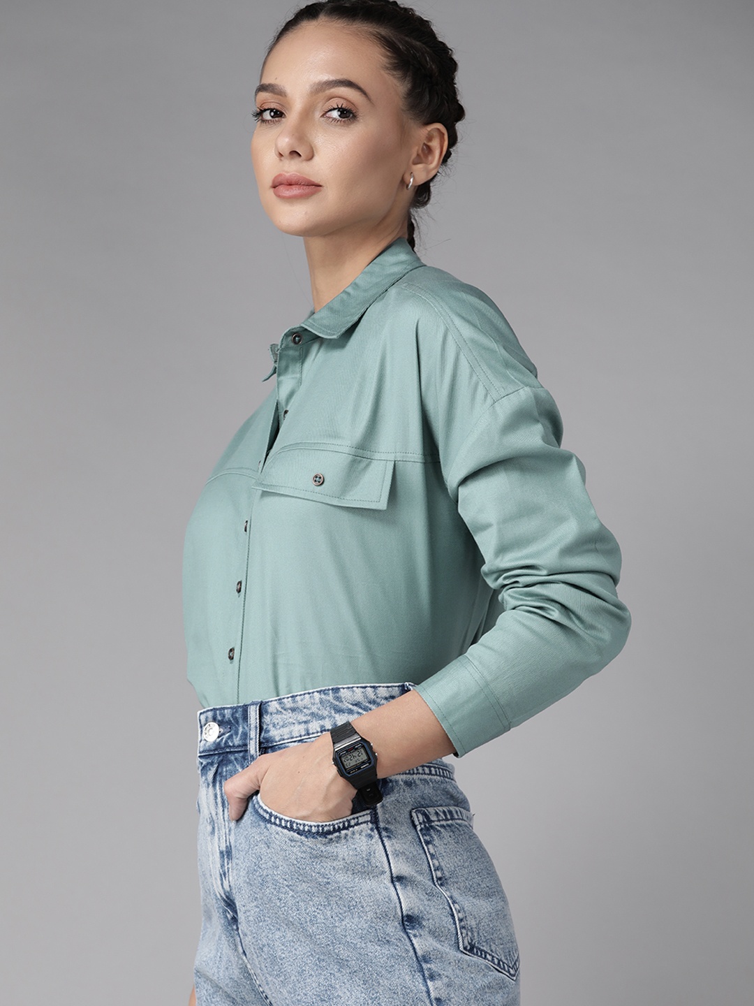 

Roadster Women Green Solid Pure Cotton Shirt