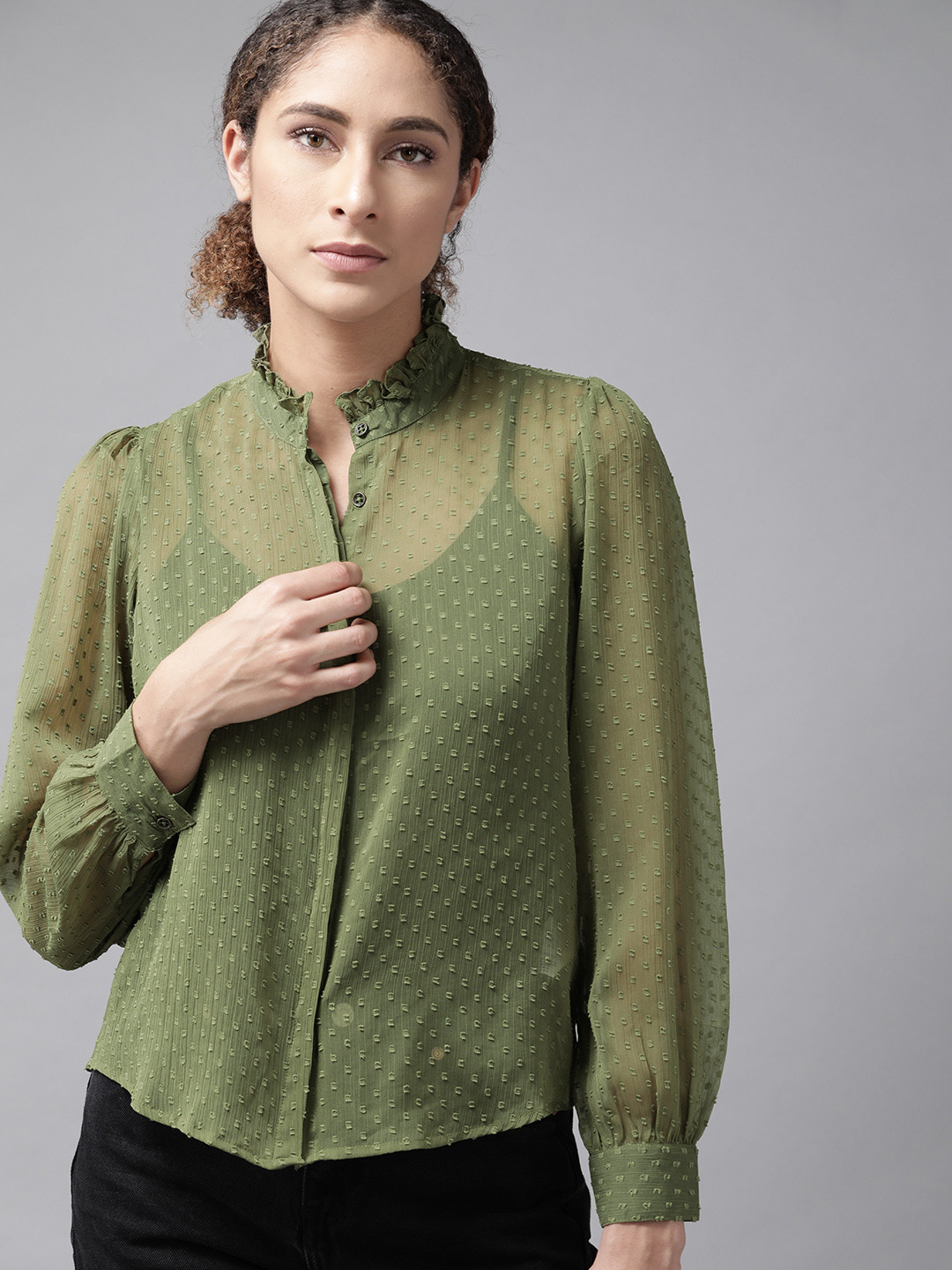 

Roadster Women Dobby Weaved Sheer Casual Shirt, Olive