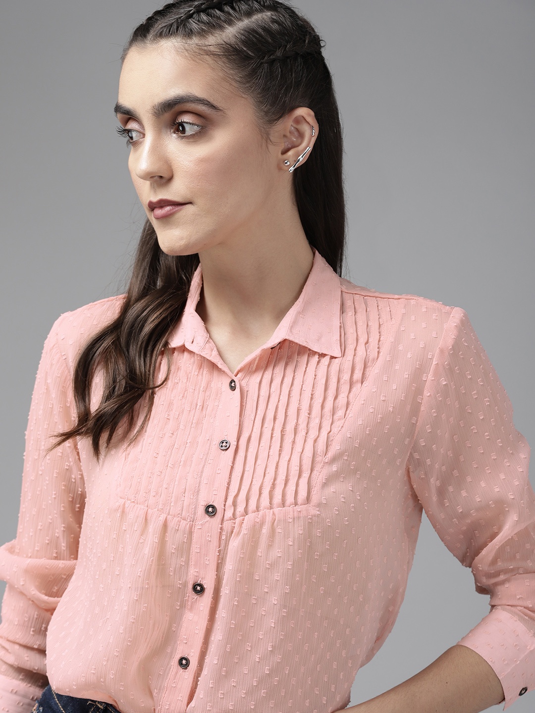 

Roadster Women Peach-Coloured Self Design Dobby Weave Semi Sheer Casual Shirt