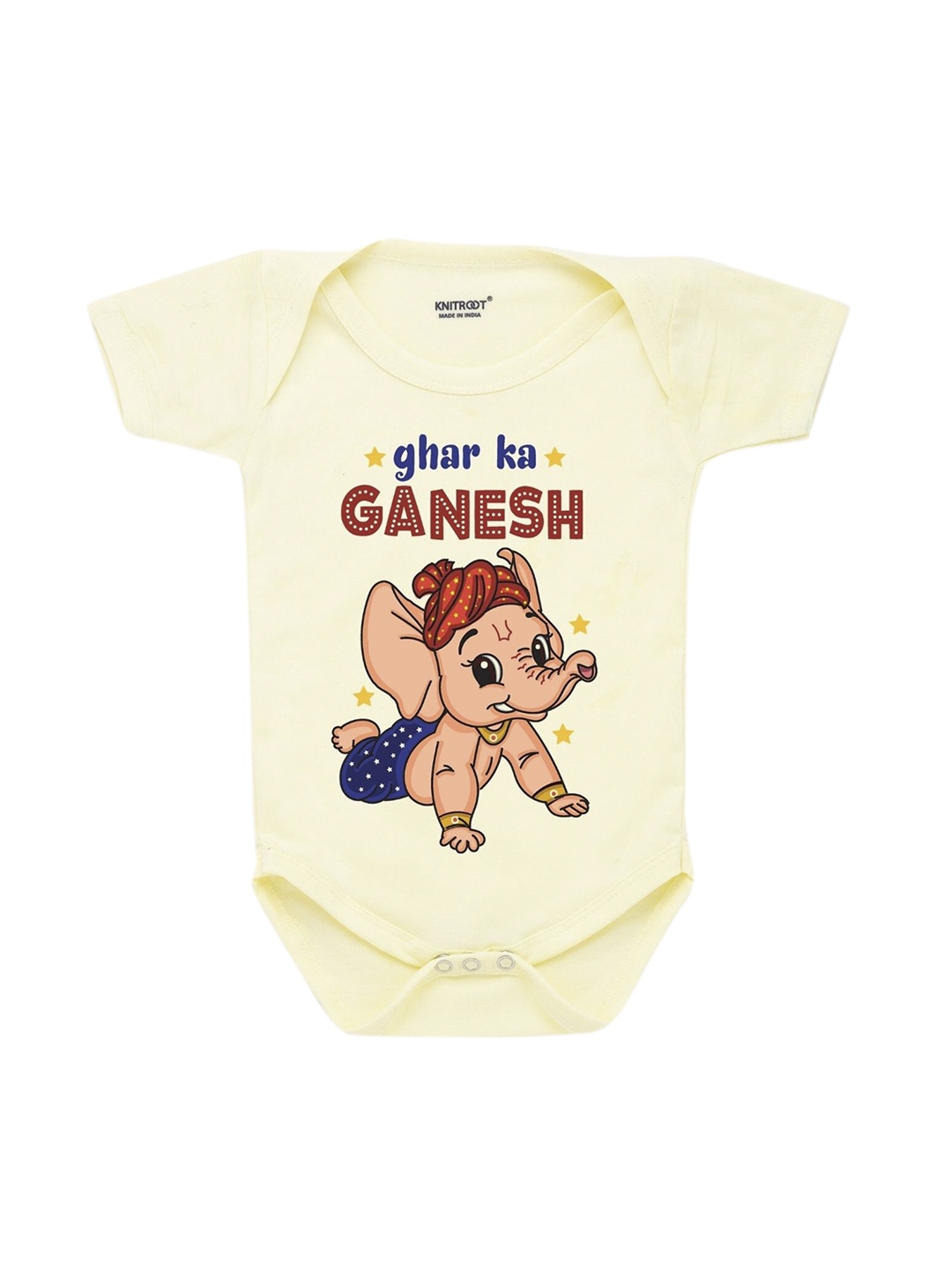 

KNITROOT Kids Yellow Cotton Ghar Ka Ganesh Rompers