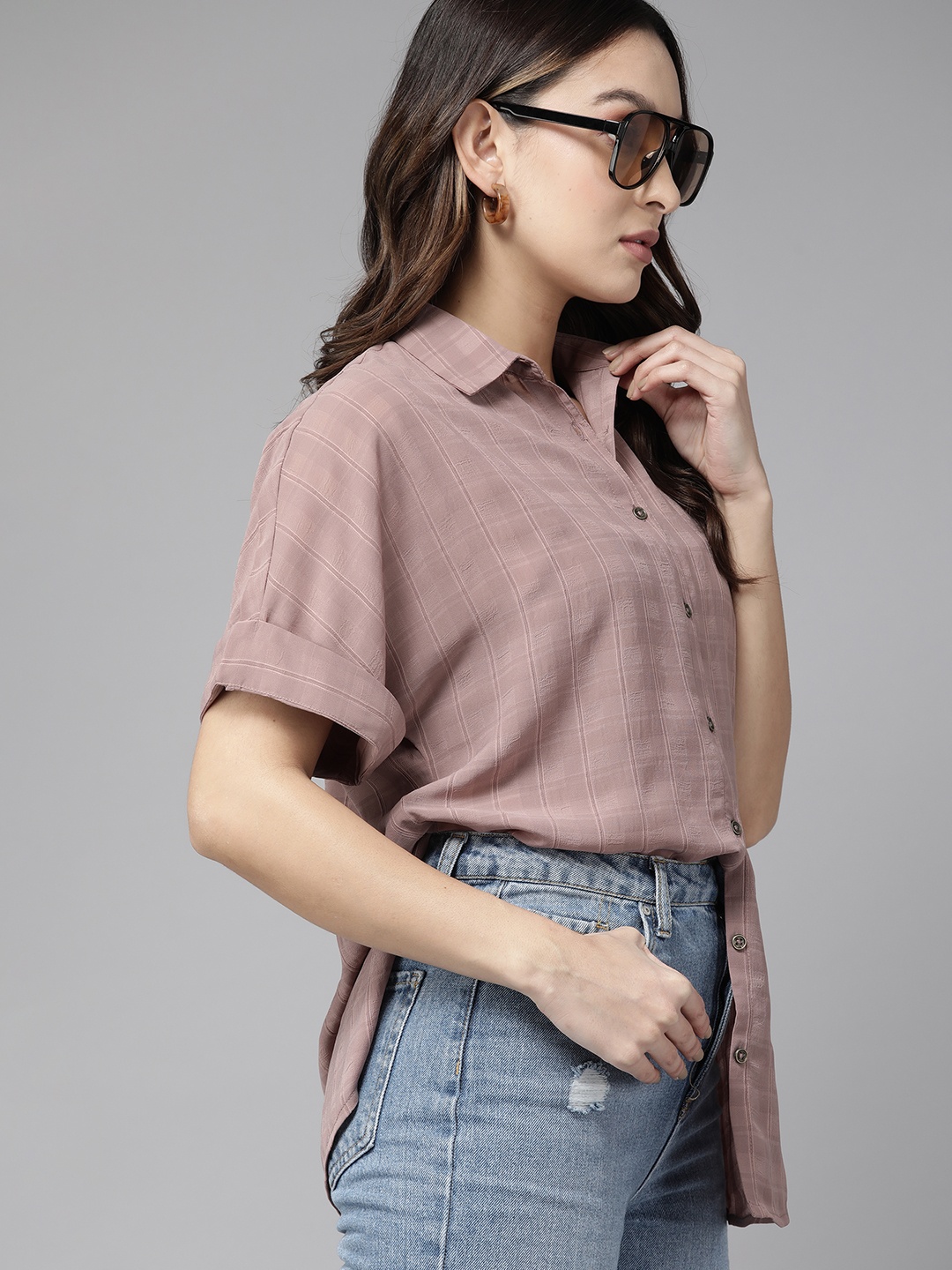 

The Roadster Lifestyle Co. Women Checked Extended Sleeves Casual Shirt, Mauve