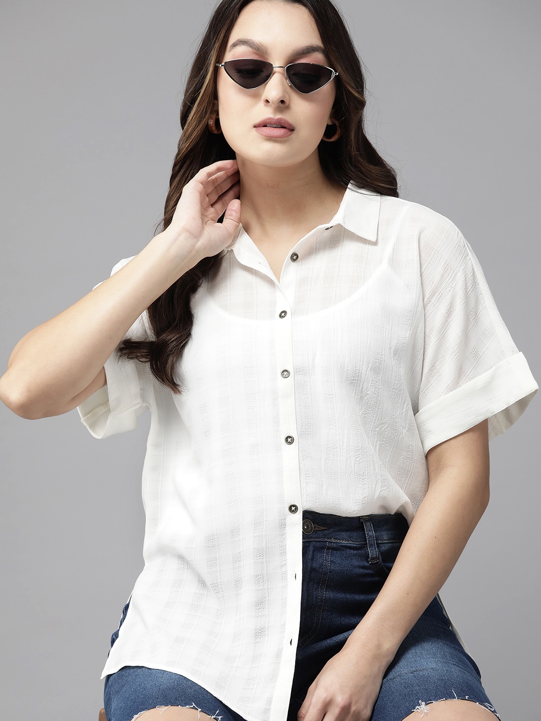 

Roadster Women Self Checked Semi Sheer Extended Sleeves Casual Shirt, White