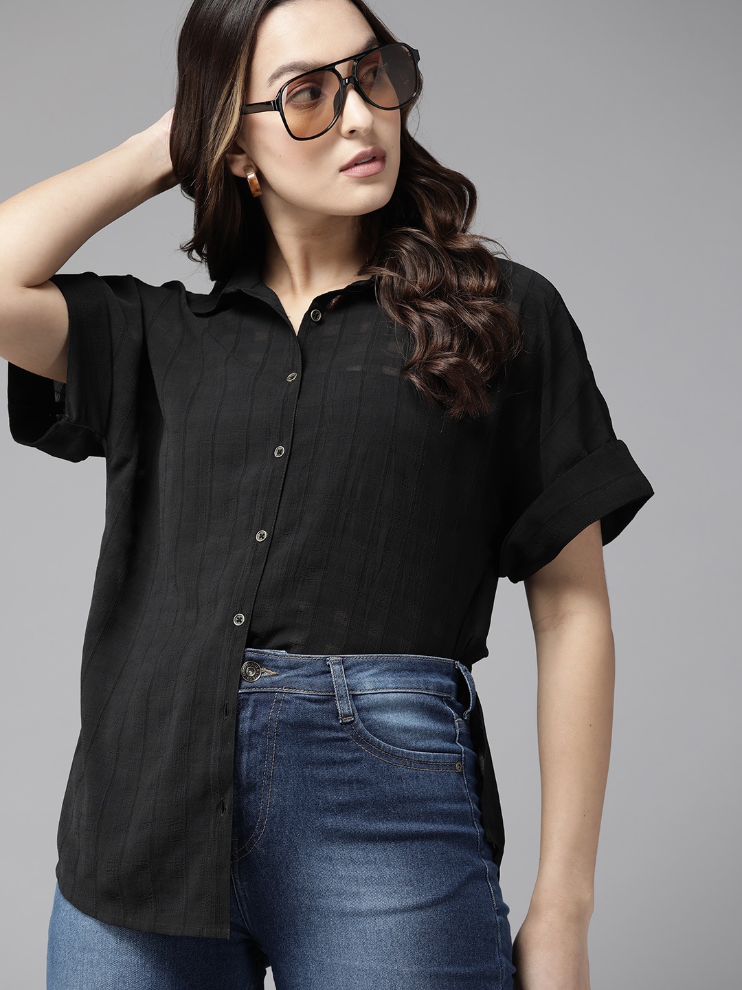 

The Roadster Lifestyle Co. Women Self Checked Semi Sheer Extended Sleeves Casual Shirt, Black