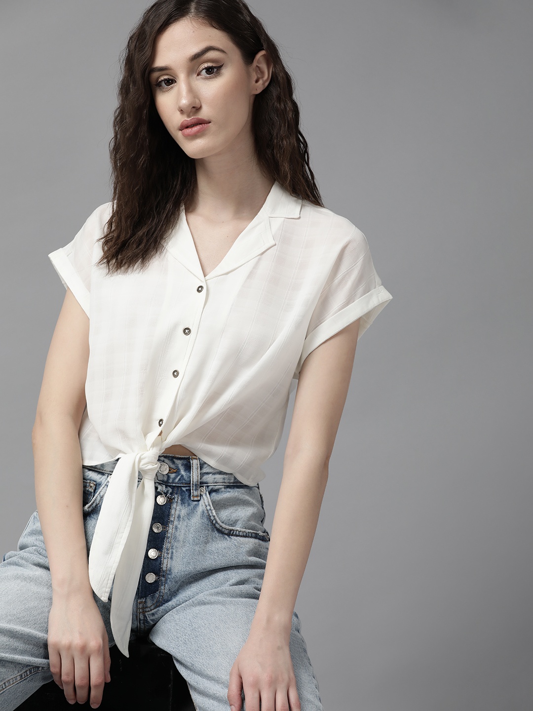 

The Roadster Lifestyle Co. Women White Semi Sheer Casual Crop Shirt With Front Knot