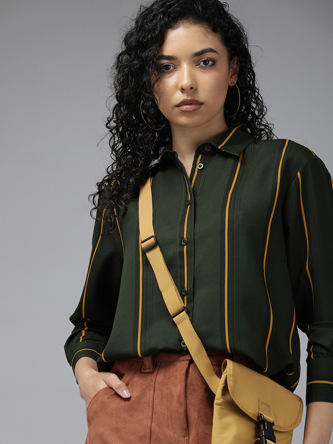 

The Roadster Lifestyle Co. Women Striped Spread Collar Longline Casual Shirt, Olive