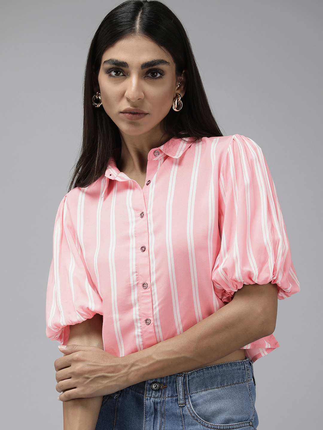 

The Roaster Lifestyle Co. Women Pink & White Striped Puff Sleeves Casual Shirt
