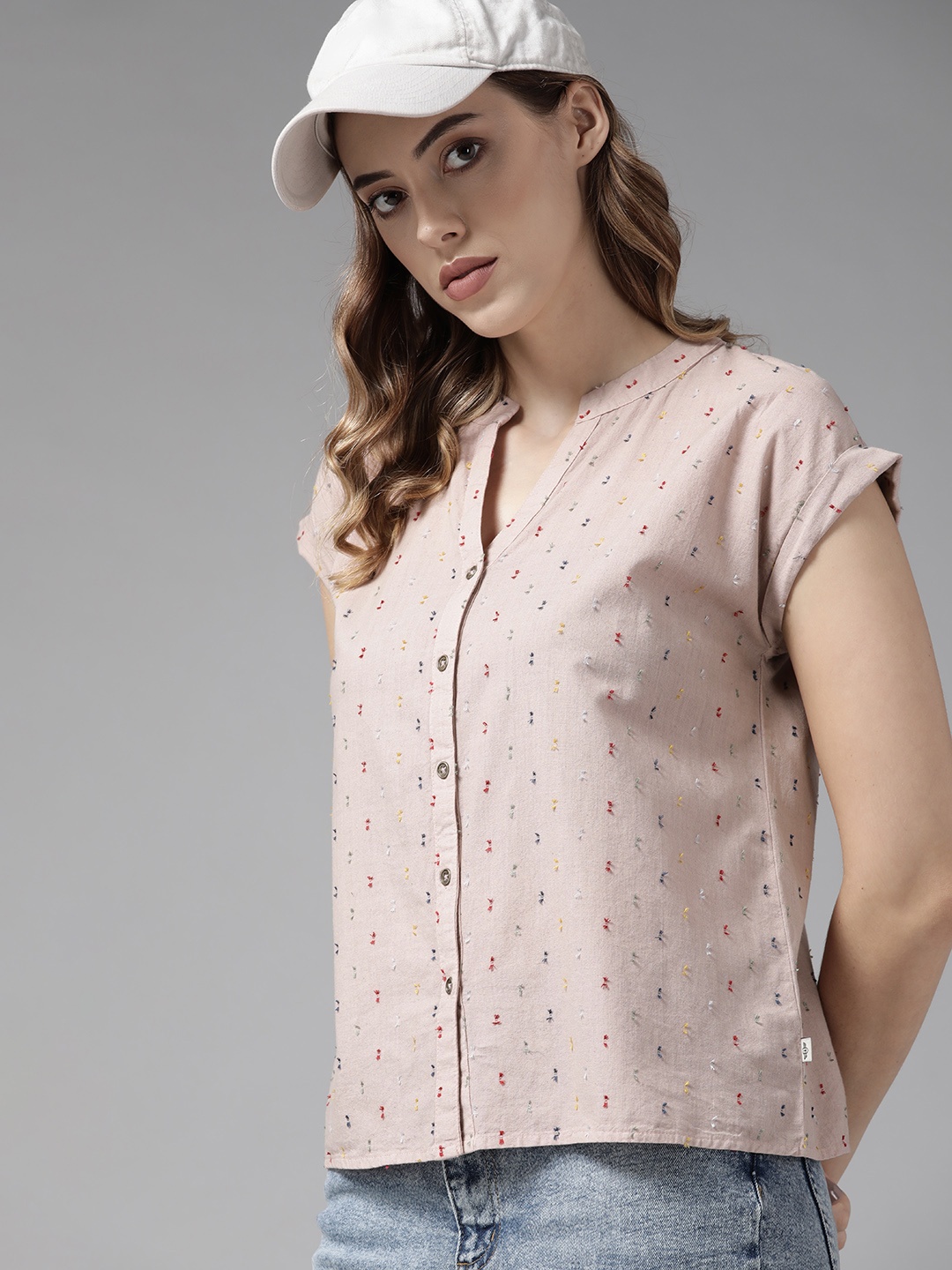 

Roadster Women Dusty Pink Self Design Pure Cotton Casual Shirt, Rose