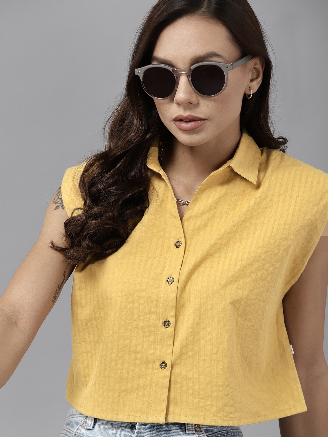 

Roadster Women Mustard Pure Cotton Casual Shirt
