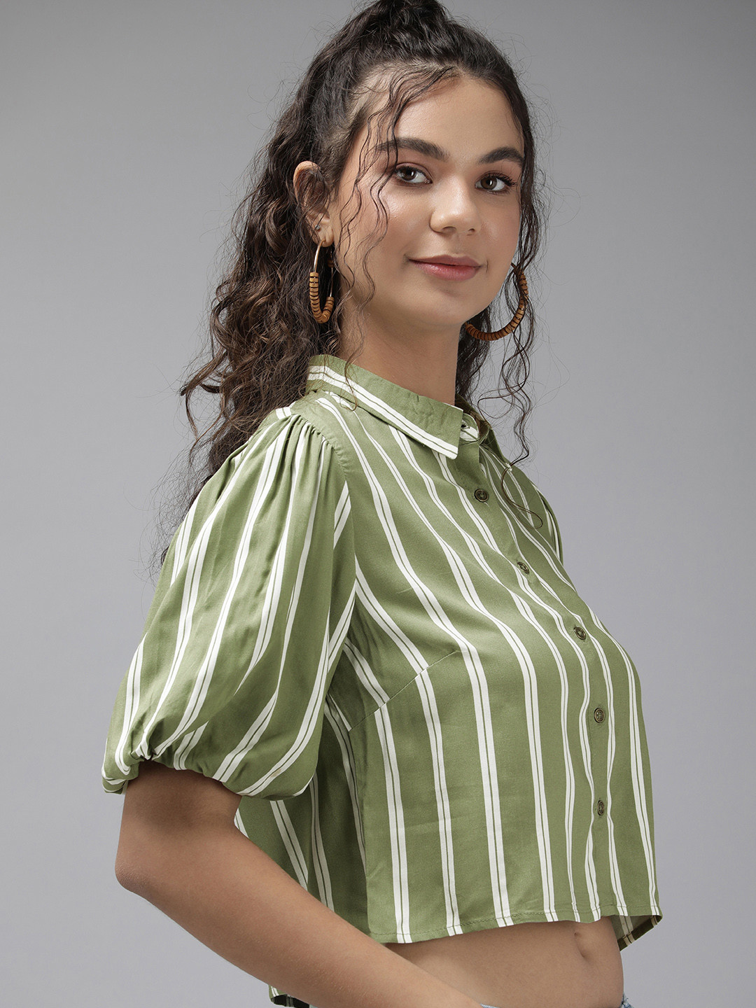 

The Roadster Lifestyle Co Women Olive Green And White Striped Crop Casual Shirt