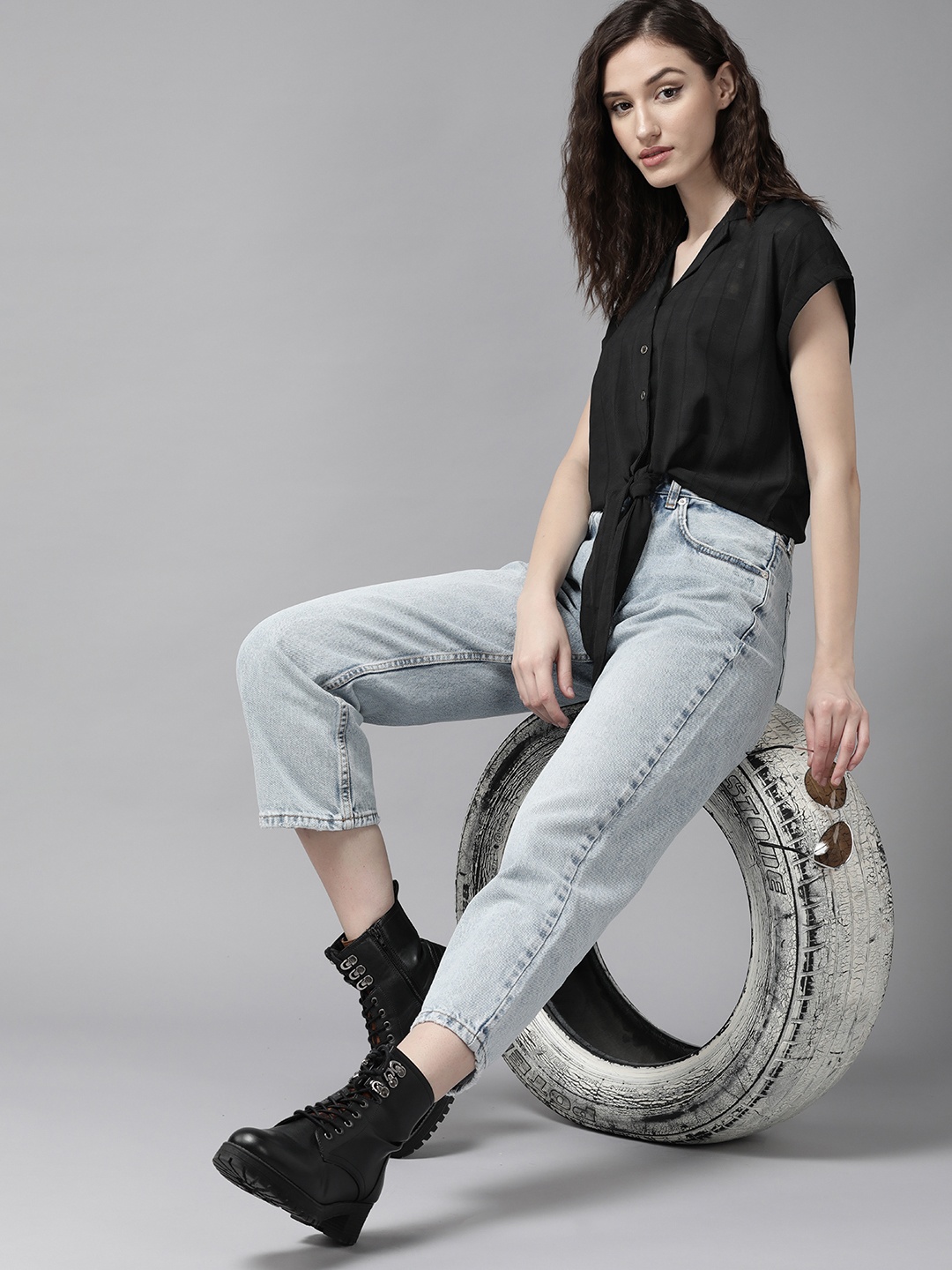 

The Roadster Lifestyle Co. Women Black Semi Sheer Casual Crop Shirt With Front Knot