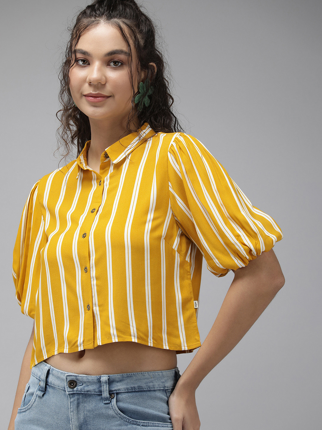 

The Roadster Lifestyle Co Women Mustard And White Striped Crop Casual Shirt