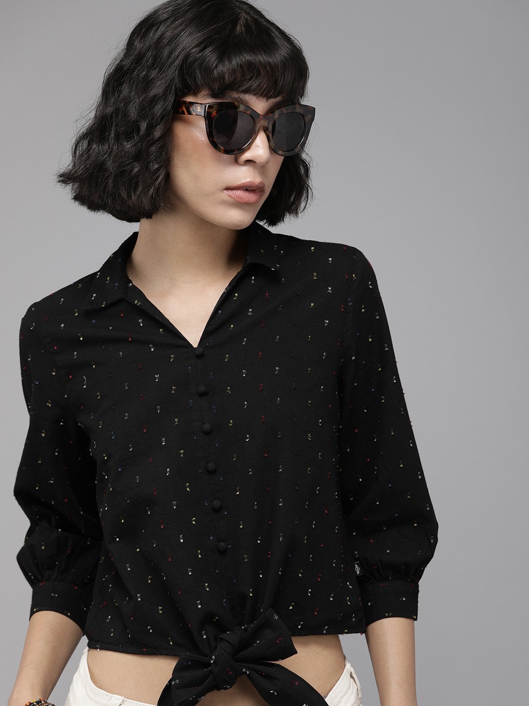 

Roadster Women Black Regular Fit Textured Opaque Self Design Crop Casual Shirt