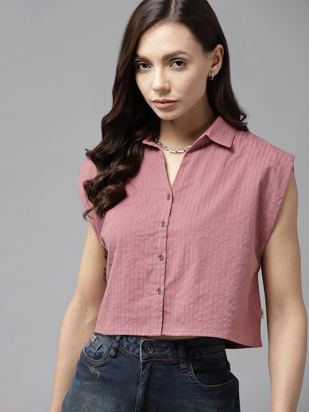 

Roadster Women Pink Pure Cotton Casual Shirt