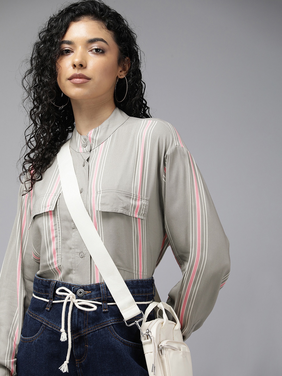 

The Roadster Lifestyle Co. Women Striped Band Collar Casual Shirt, Grey