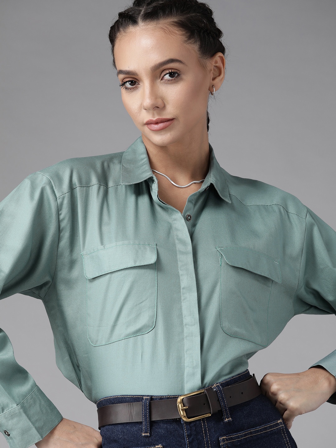 

Roadster Women Mint Green Solid Pure Cotton Shirt