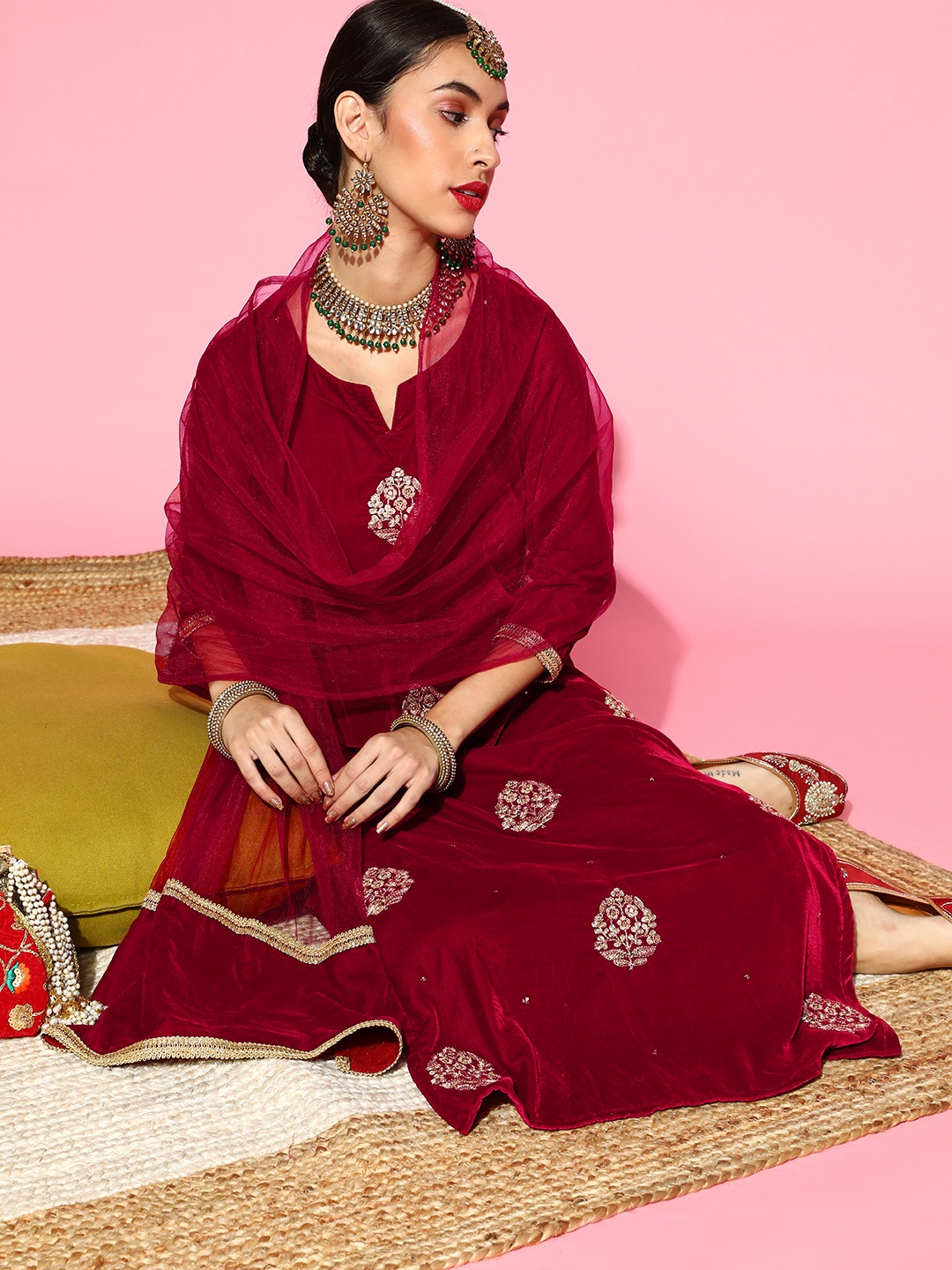 

Indo Era Red Velvet Kurta Set