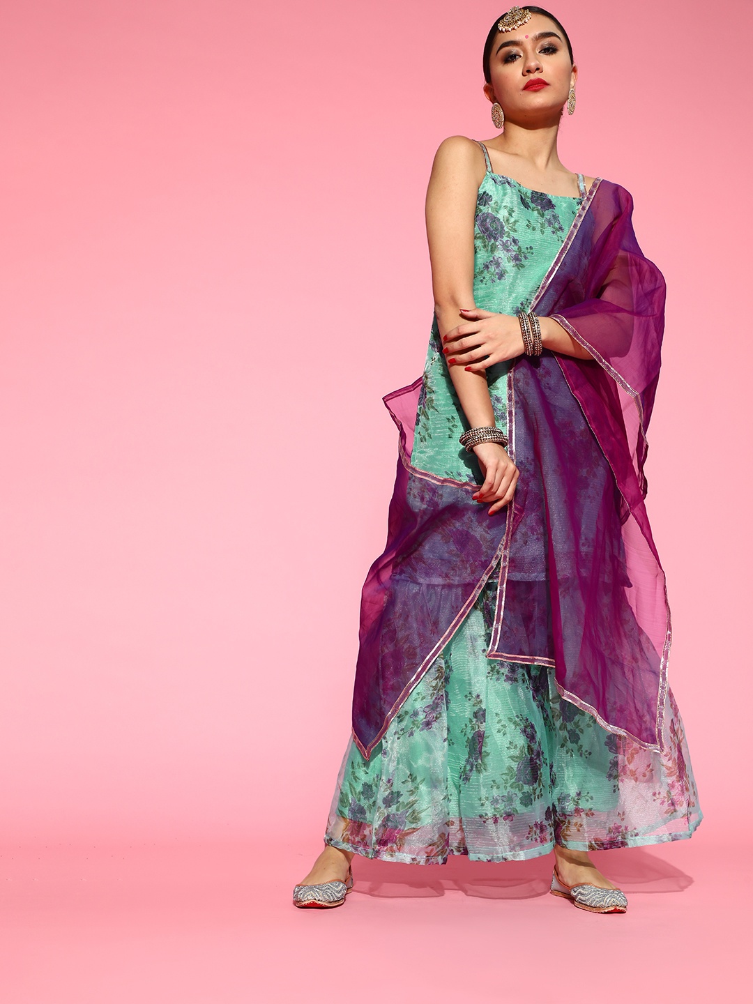 

Indo Era Floral Organza Kurta Set, Blue