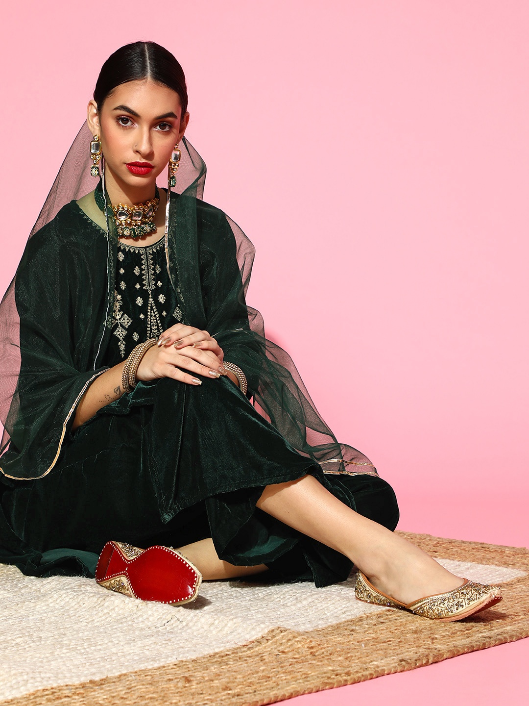 

Indo Era Ethnic Motifs Velvet Kurta Set, Green