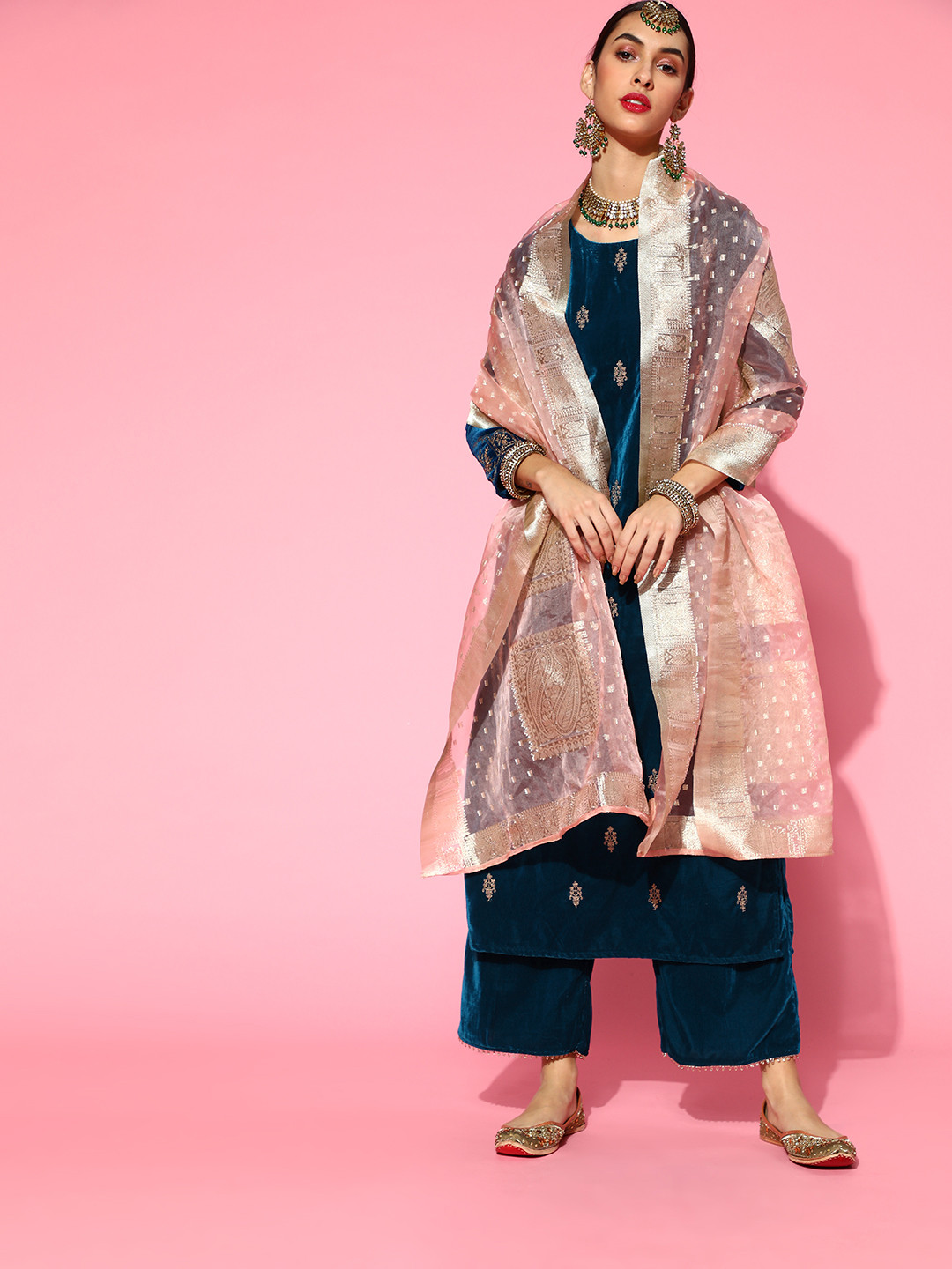 

Indo Era Teal Velvet Kurta Set