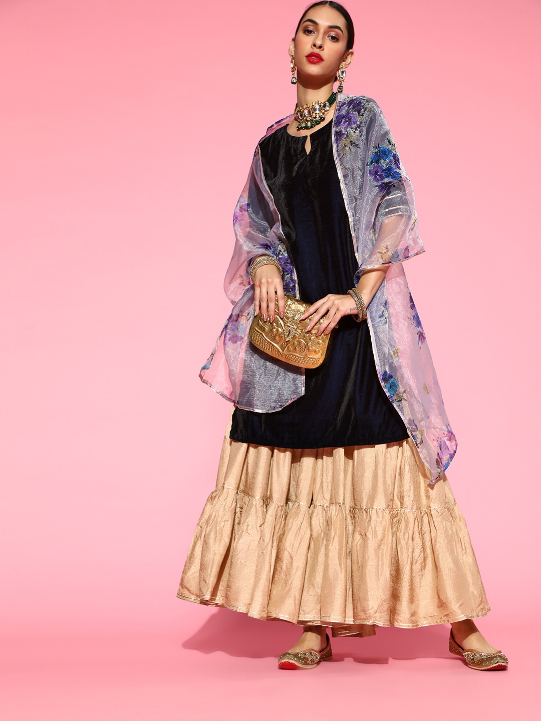 Indo Era Solid Velvet Kurta Set, Navy blue