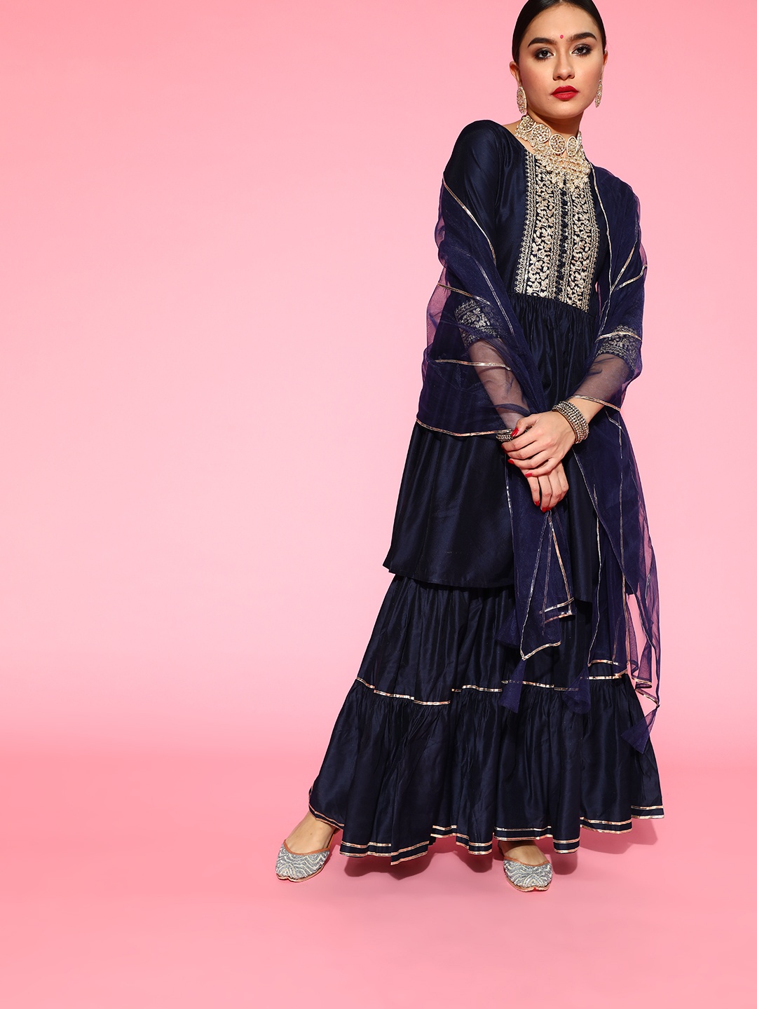 

Indo Era Woven Design Polyester Kurta Set, Navy blue