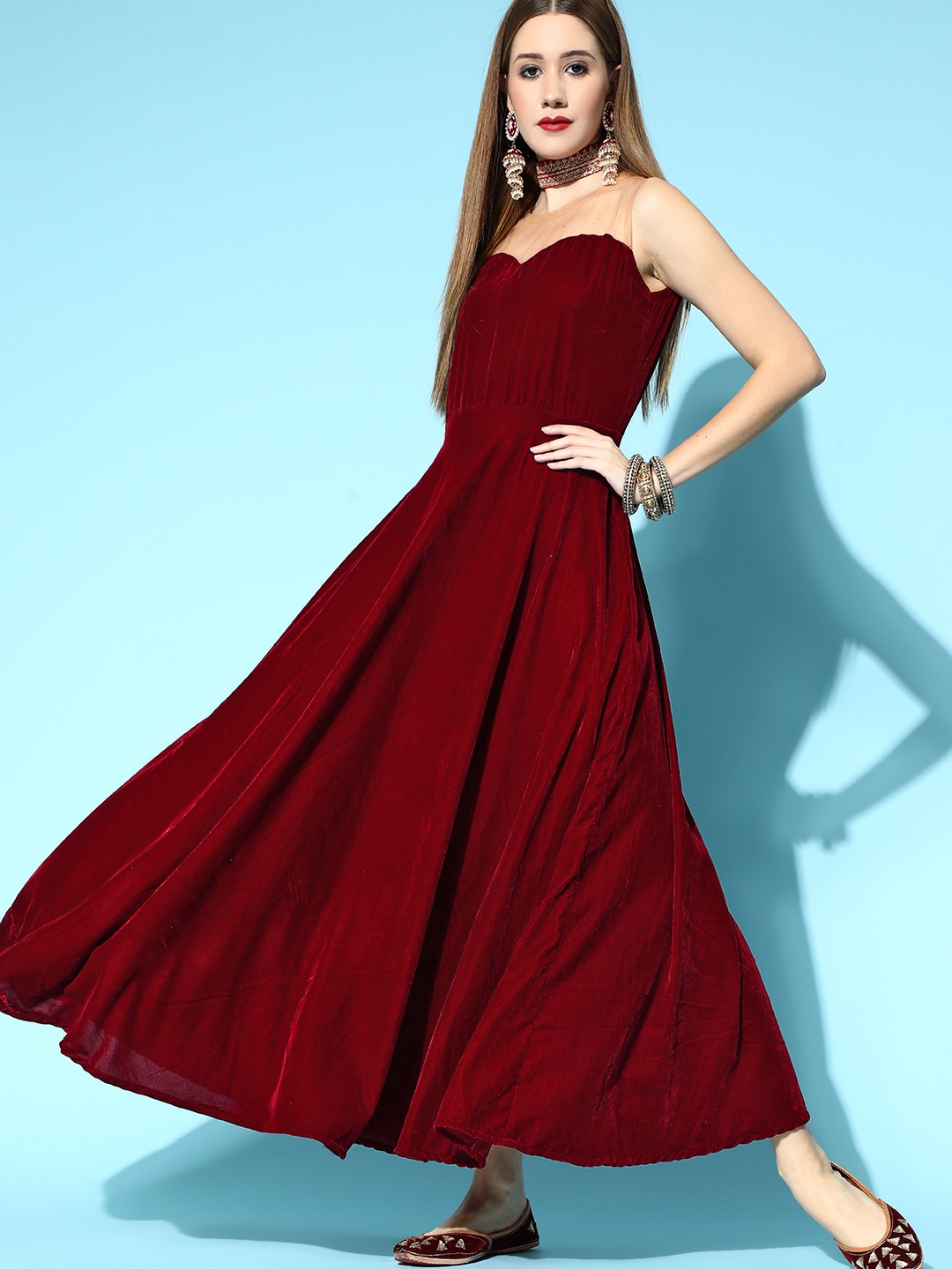 

Indo Era Women Maroon Solid Velvet Dress