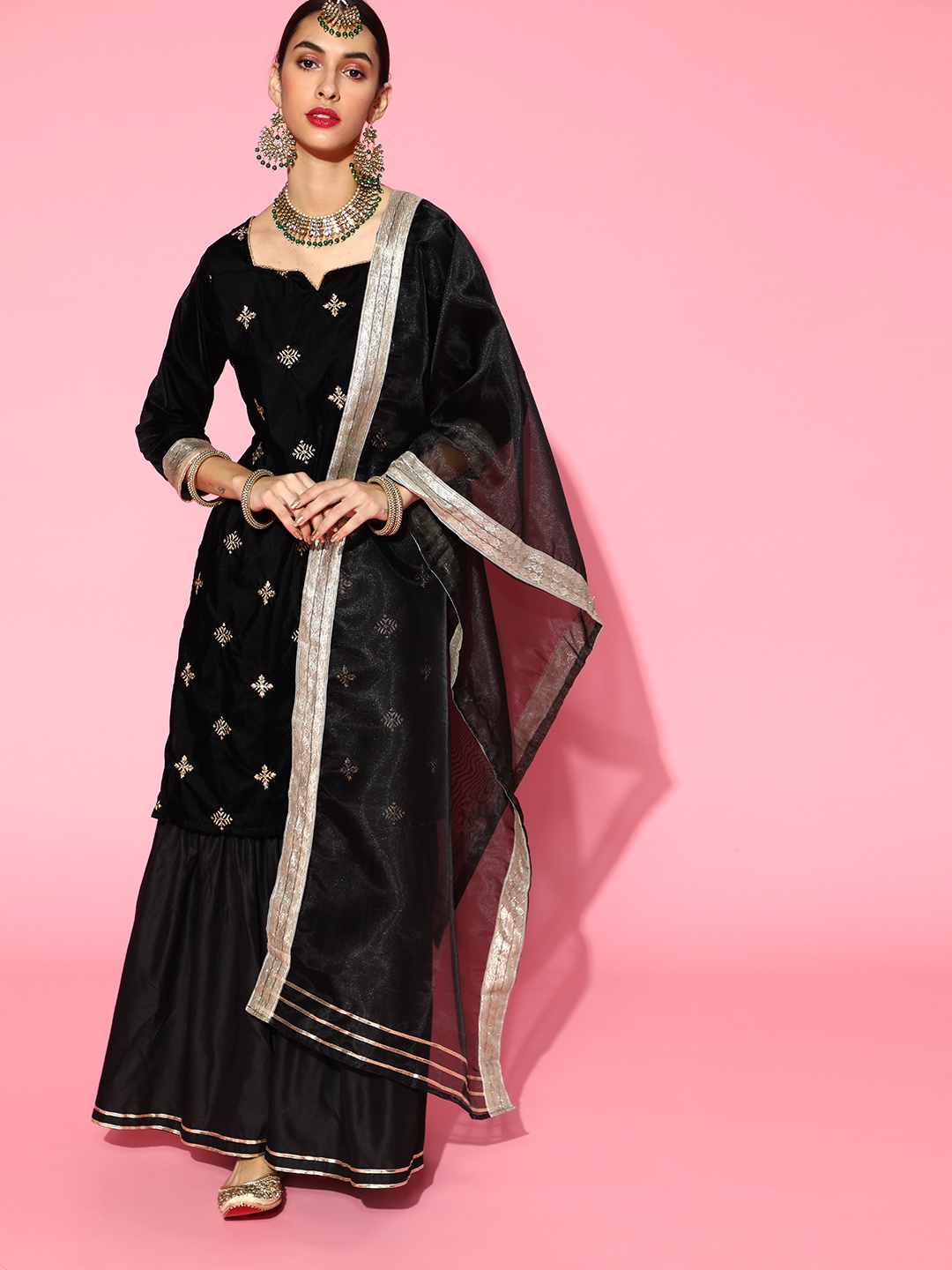 

Indo Era Ethnic Motifs Velvet Short Kurti with Sharara, Black