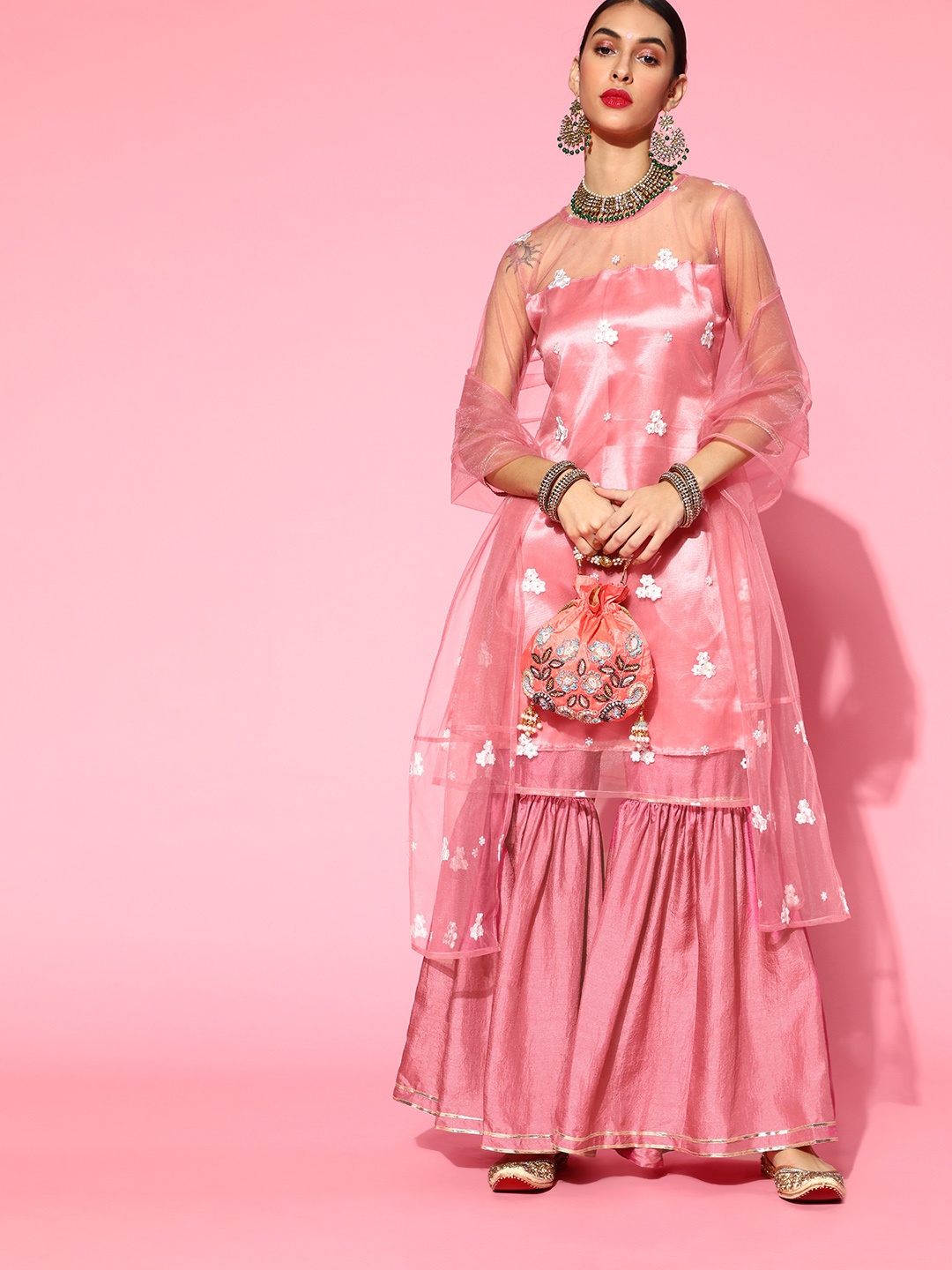 

Indo Era Floral Net Kurta Set, Pink