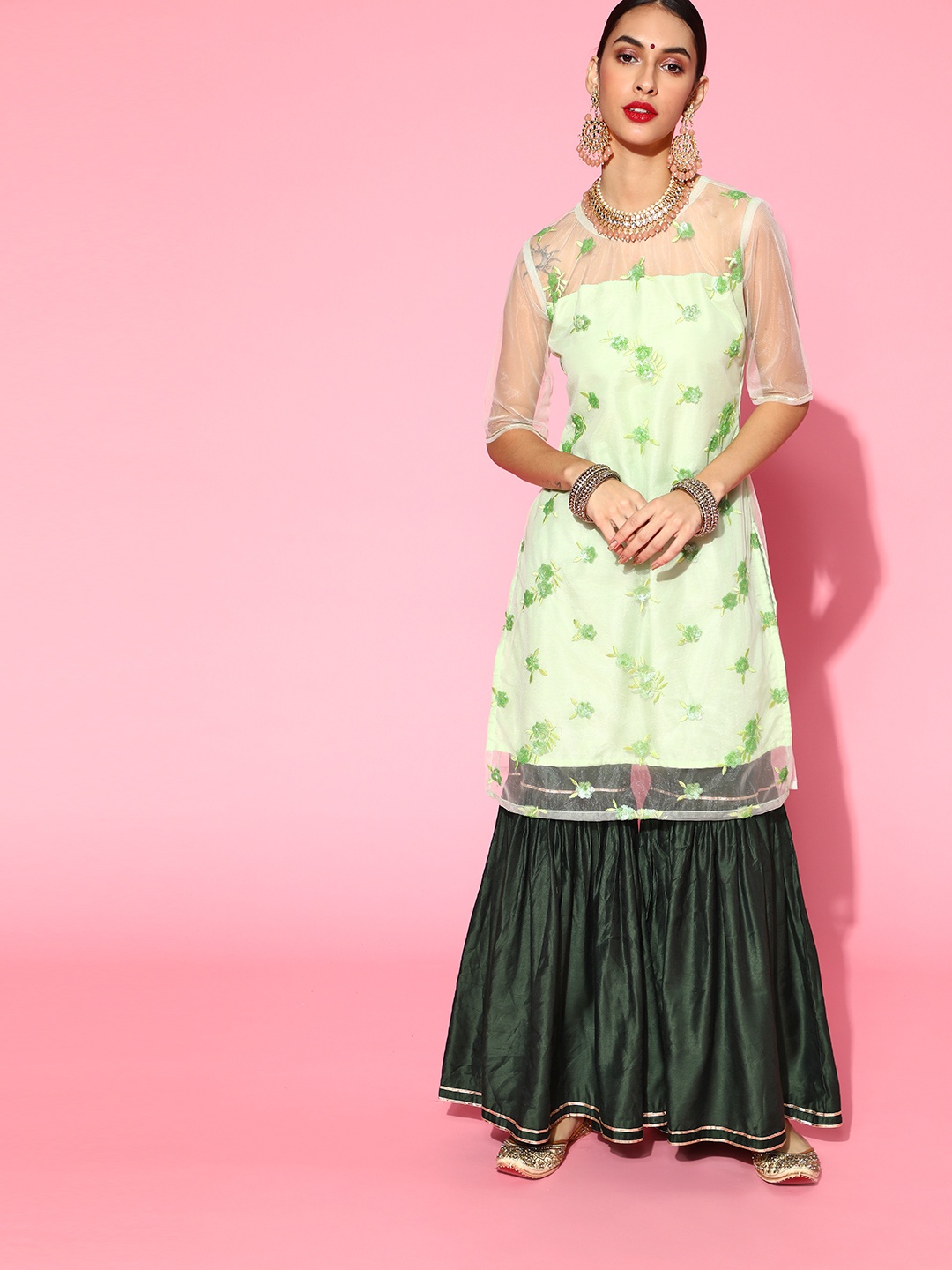 

Indo Era Ethnic Motifs Net Kurta Set, Green