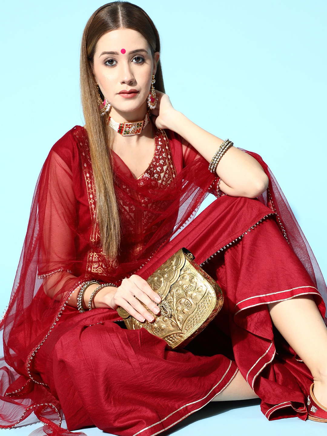 

Indo Era Abstract Liva Kurta Set, Red