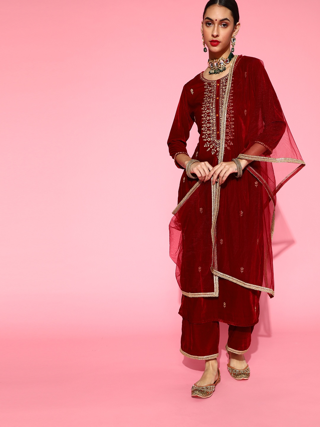 Indo Era Embroidered Velvet Kurta Set, Red