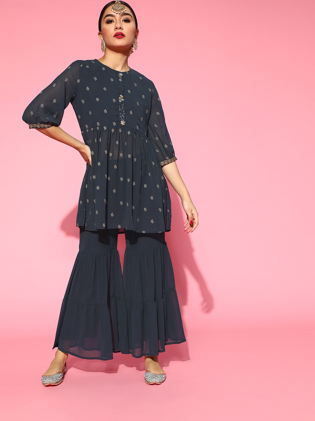

Indo Era Woven Design Poly-Georgette Short Kurti with Sharara, Grey