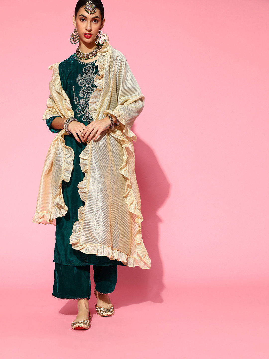 

Indo Era Teal Velvet Kurta Set
