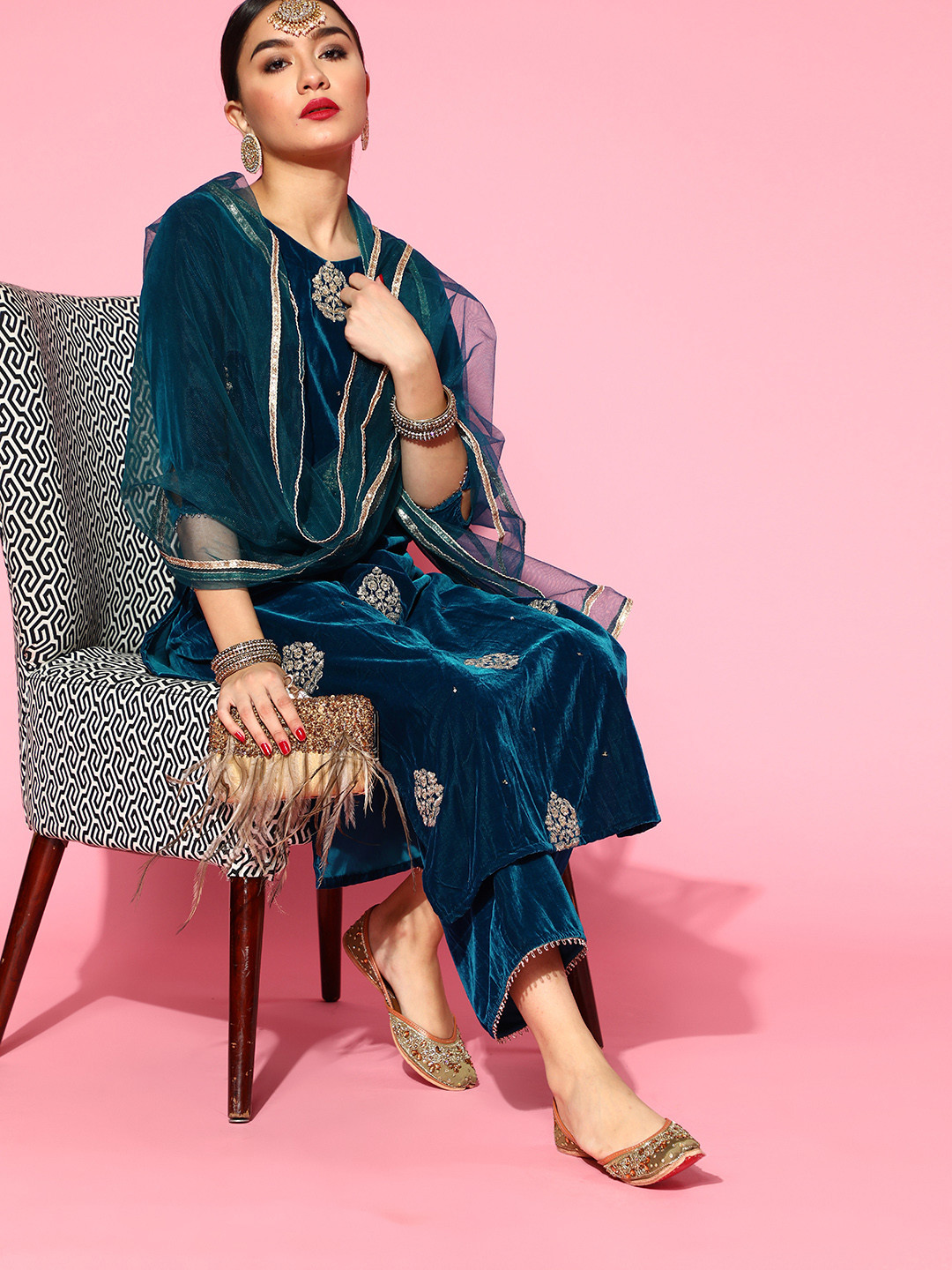 

Indo Era Blue Velvet Kurta Set