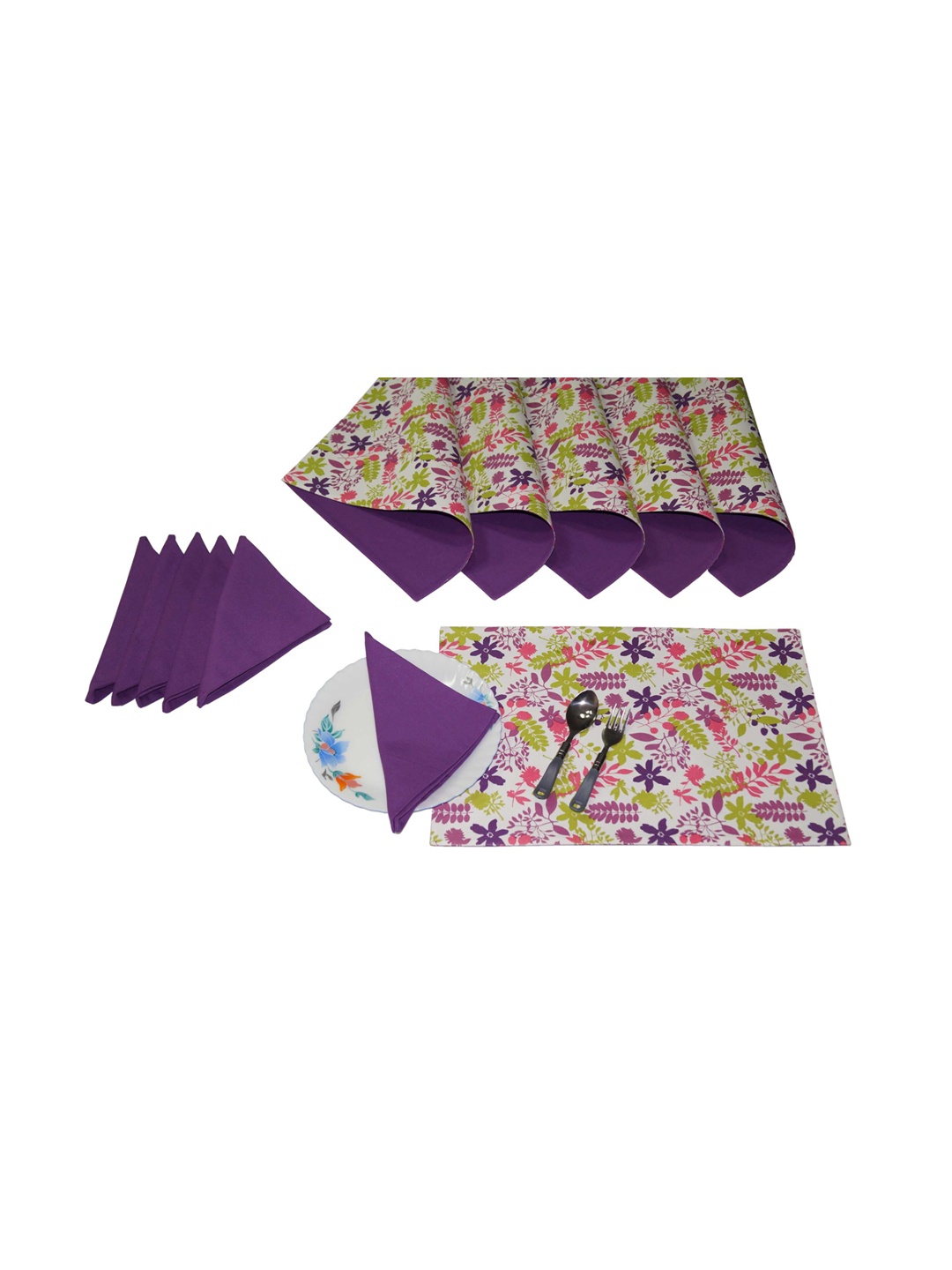 

Lushomes Set Of 12 Purple & Green Floral Printed Rectangle Table Placemats & Napkins