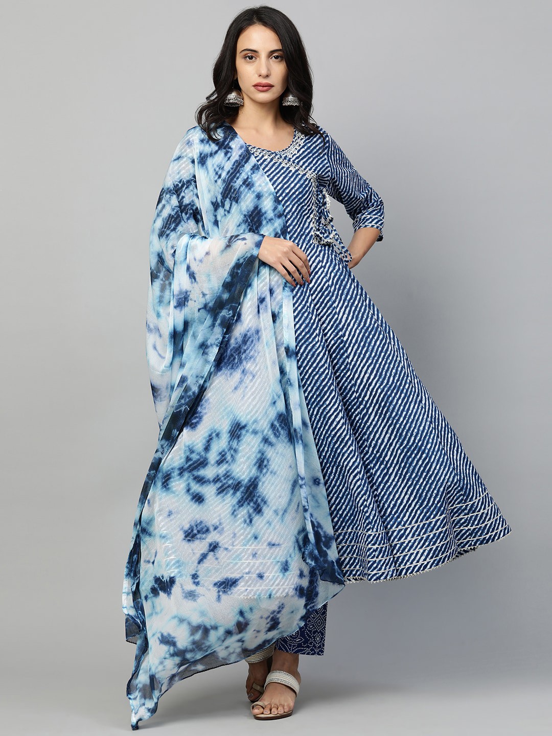 

FASHOR Women Blue Bandhani Printed Angrakha Pure Cotton Kurta with Trousers & Dupatta